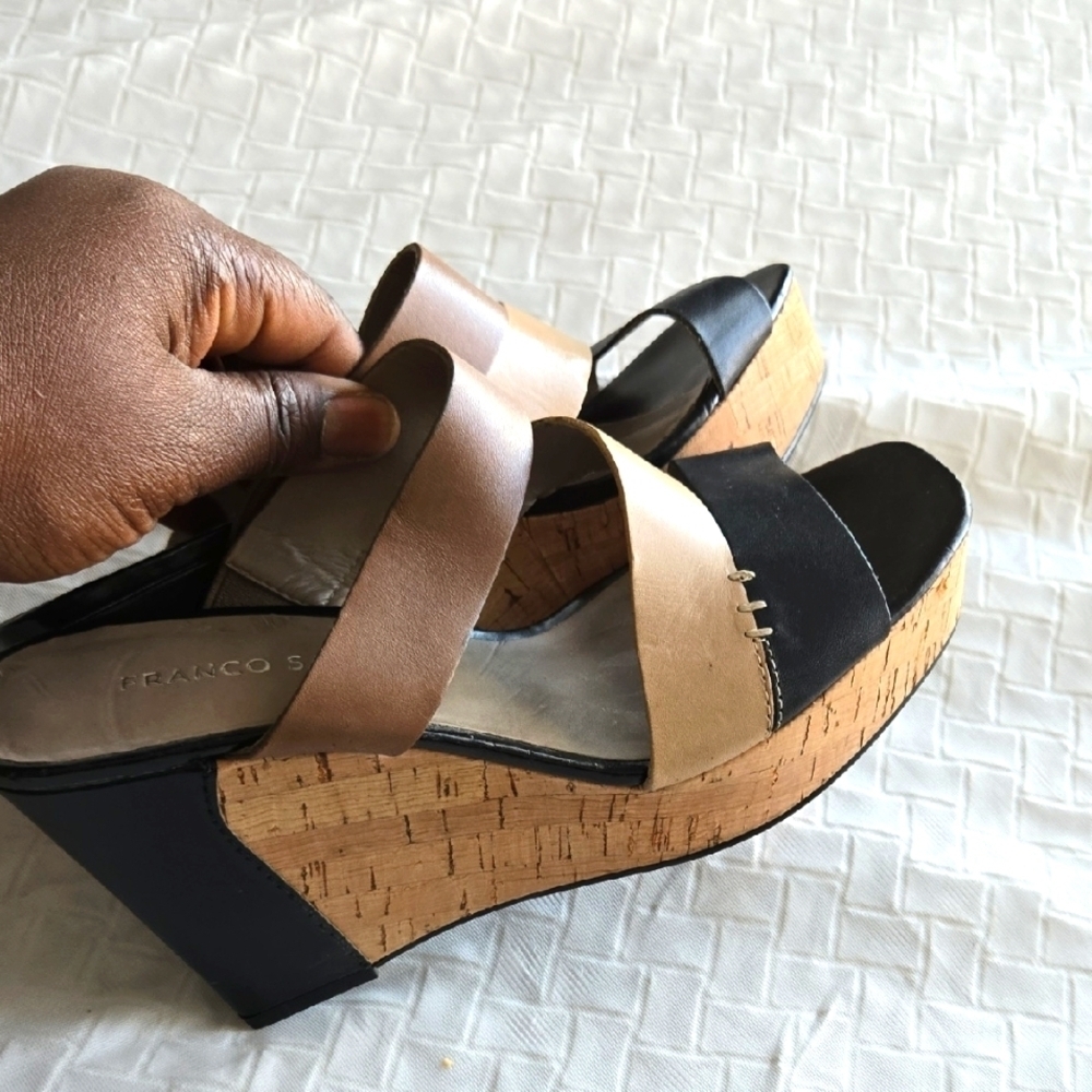 Franco Sarto Black and Tan Wedge Sandals with Cork Heel Summer Shoes